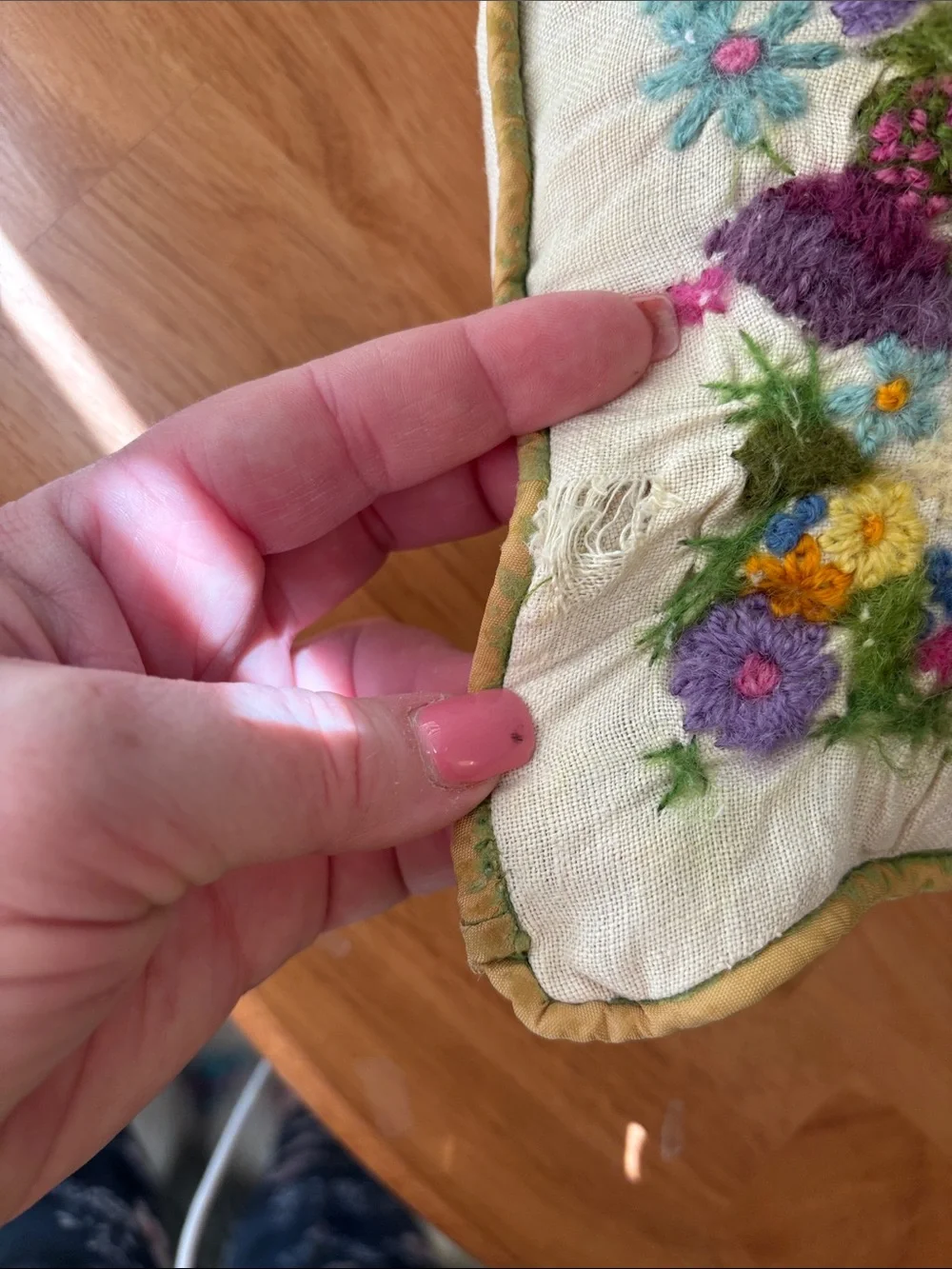 Handcrafted Vintage Floral Hooked Pillow ~ Fiber Art ~ See Photos ~ As-is ~ 70s